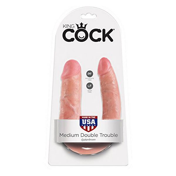 U-formad dildo Double Trouble, hudfärgad, mellanstor King Cock 12541