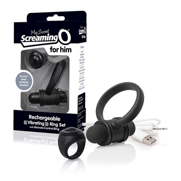 Uppladdningsbart fjärrstyrt kit Bullet and Ring for Him, svart The Screaming O 12860