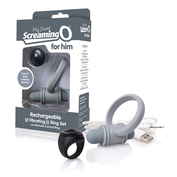 Uppladdningsbart fjärrstyrt kit Bullet and Ring for Him, grått The Screaming O 12877